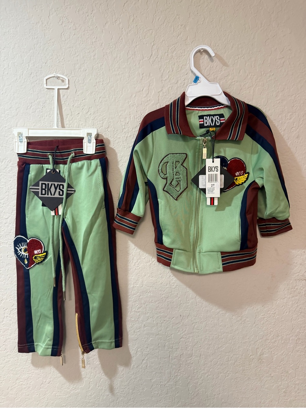 BKYS Toddler 2T Track Suit Jacket & Pants Set Light Olive Burgundy NWT
